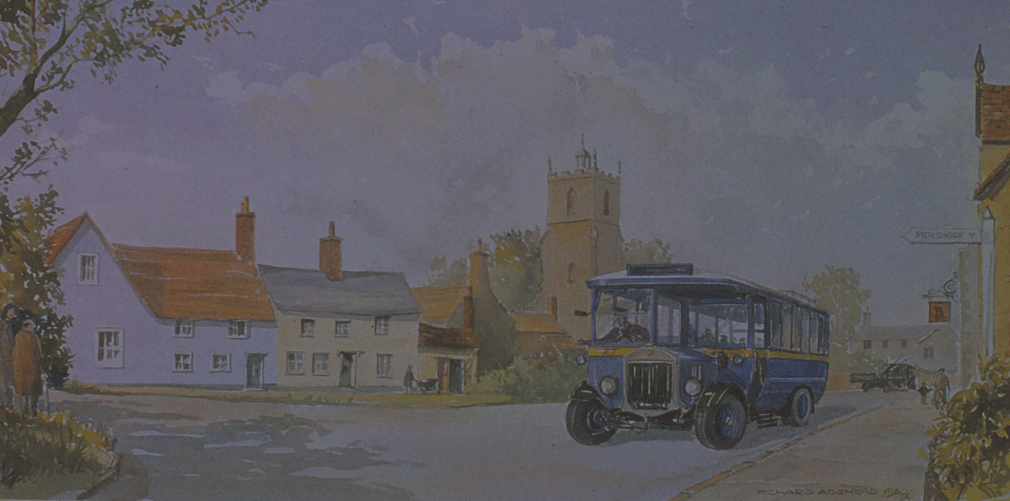 Pershore. Vintage bus in Village scene