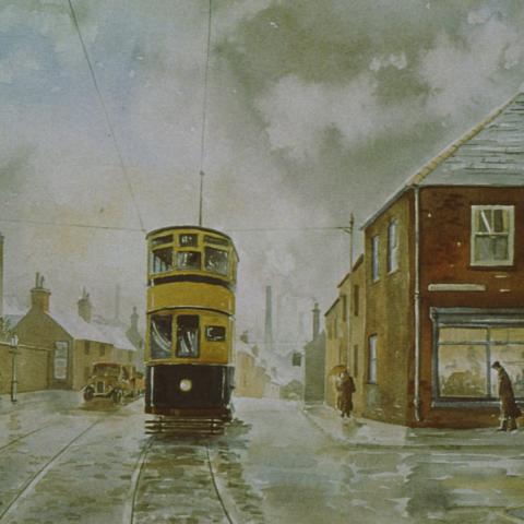 Rainy British winter street scene circa 1938